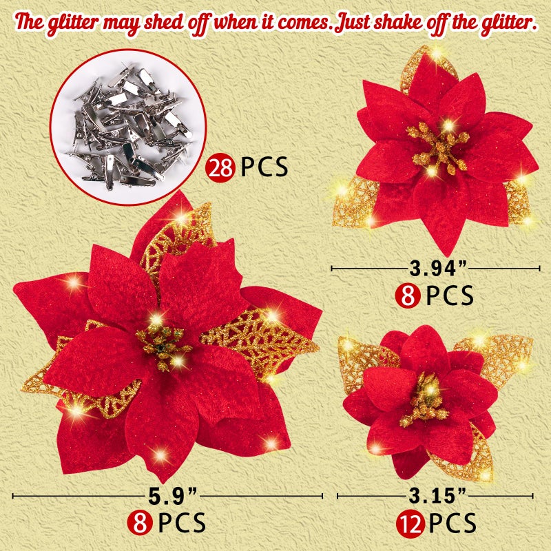 Geefuun 28PCS Christmas Tree Decorations: Poinsettias Artificial Flowers Ornaments Xmas Red Glitter Flower with Clips,3 Sizes Not Included Stems - Image 4